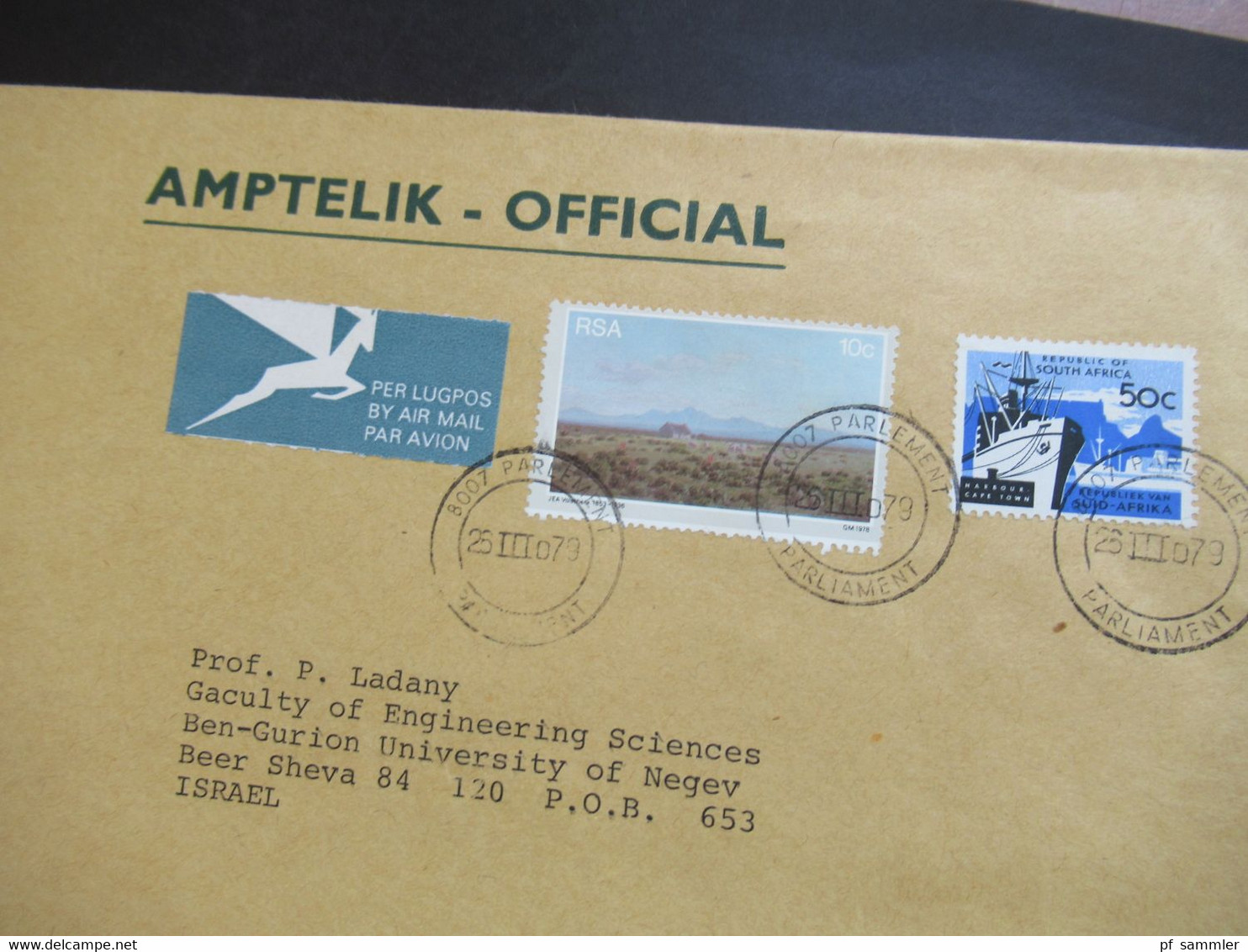 RSA / Süd - Afrika 1979 Amptelik Official Air Mail Nach Israel Rückseitig Stempel J.J. Loots + Einlieferungsschein 1977 - Lettres & Documents