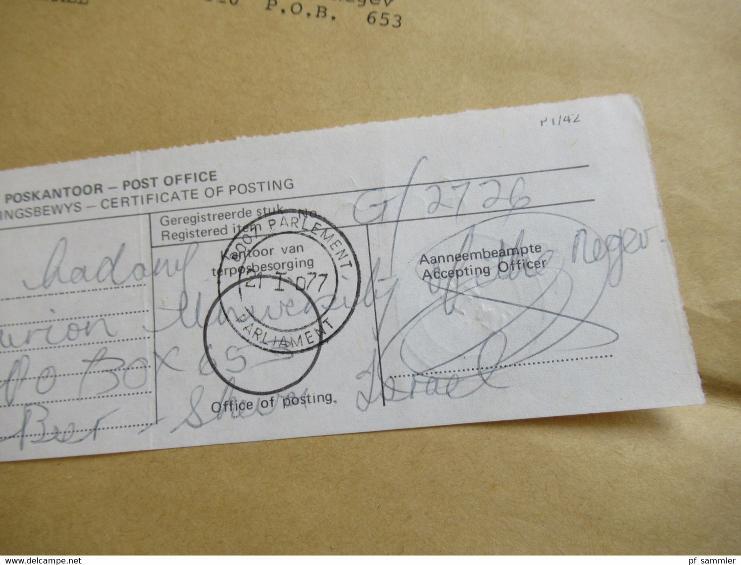 RSA / Süd - Afrika 1979 Amptelik Official Air Mail Nach Israel Rückseitig Stempel J.J. Loots + Einlieferungsschein 1977 - Brieven En Documenten