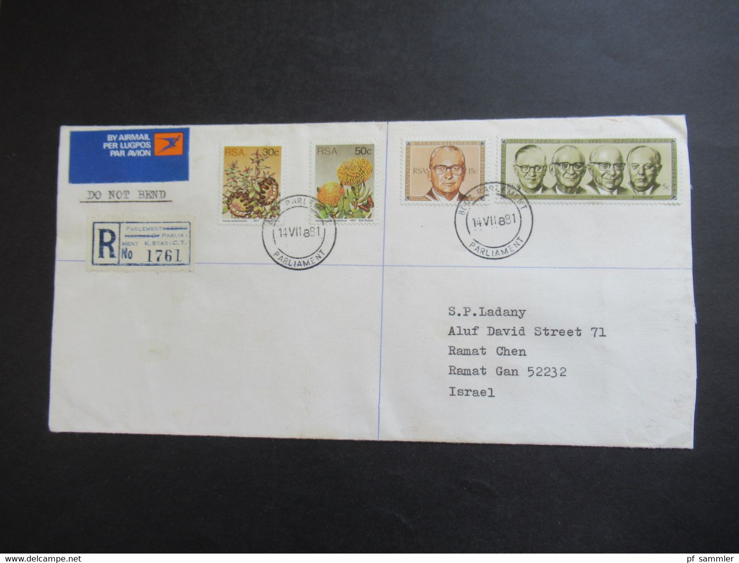 RSA / Süd - Afrika 1981 Air Mail Nach Israel R-Zettel Parlement Parliament K. Stad Umschlag House Of Assembly Cape Town - Storia Postale