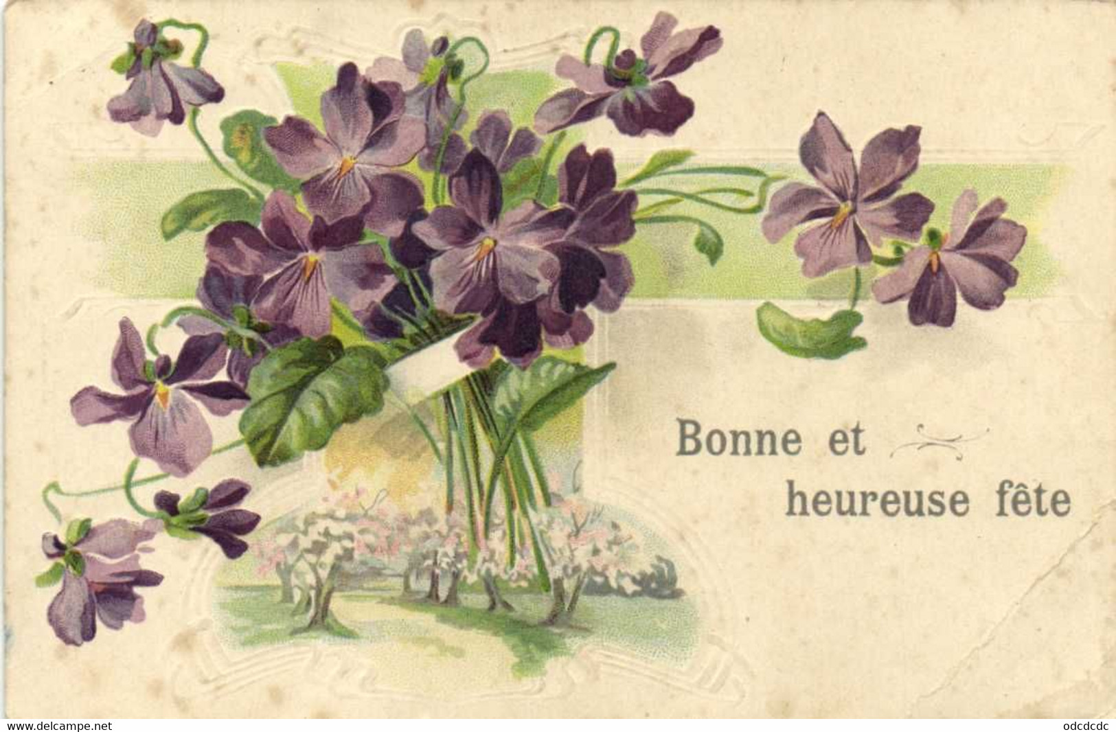 Carte Gaufrée Violettes Bonne Et Heureuse Fete  RV - Other & Unclassified