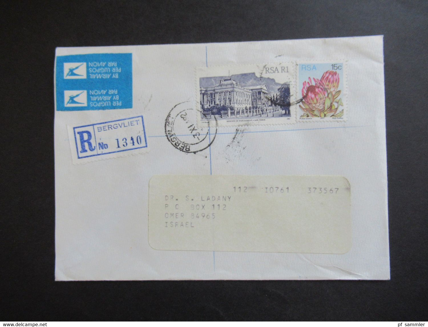 RSA / Süd - Afrika 1982 Einschreiben  Air Mail Nach Omer Israel R-Zettel Bergvliet Rückseitig Viele Stempel - Cartas & Documentos