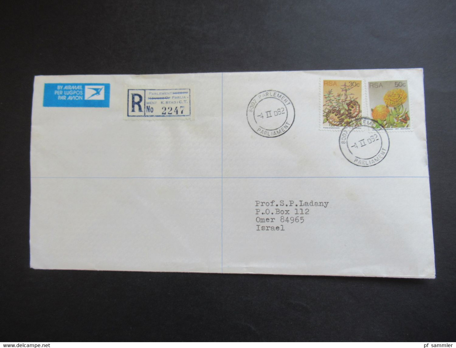 RSA / Süd - Afrika 1982 Einschreiben Air Mail Nach Omer Israel R-Zettel Parlement Parliament K.Stad / Cape Town - Storia Postale
