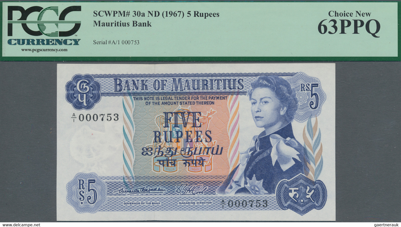 Mauritius: Bank Of Mauritius 5 Rupees ND(1967), P.30a With Very Low Serial Number A/1 000753, PCGS G - Mauritius