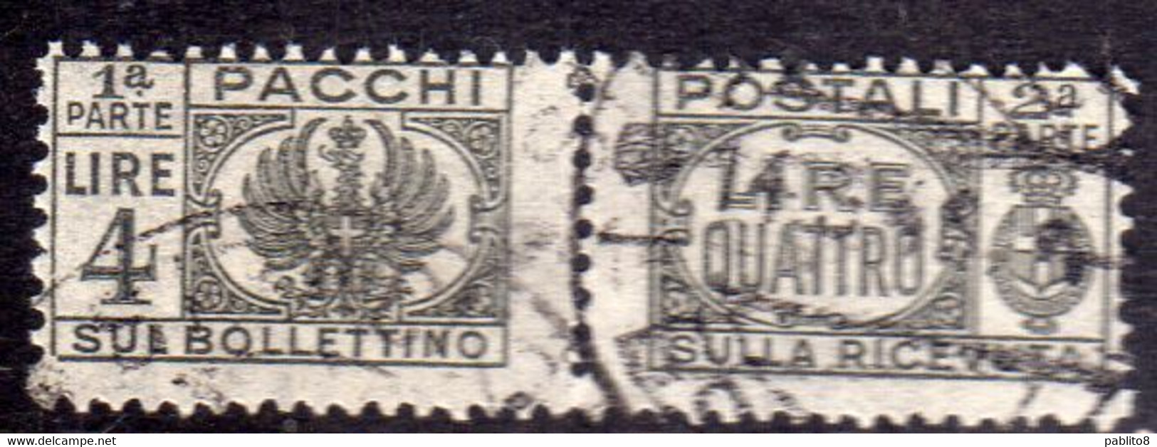 ITALIA REGNO ITALY KINGDOM 1946 LUOGOTENENZA PACCHI POSTALI PARCEL POST SENZA FASCIO LIRE 4 USATO USED OBLITERE' - Postpaketten