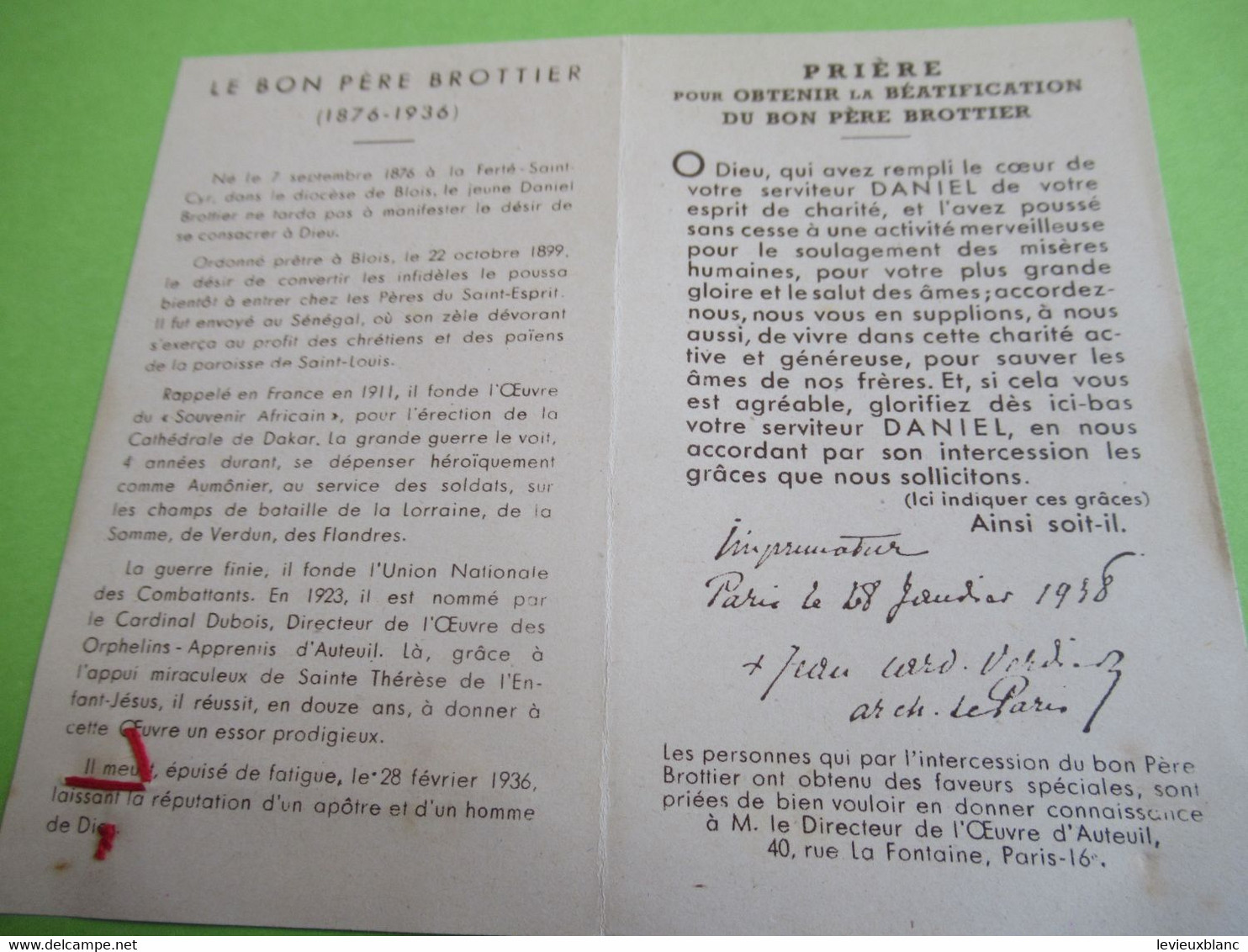 Image Pieuse Ancienne/Le Pére Daniel Brottier/Etoffe Ayant Touché/Cardinal Verdier Archevêque De Paris/1938   IMP106ter - Godsdienst & Esoterisme