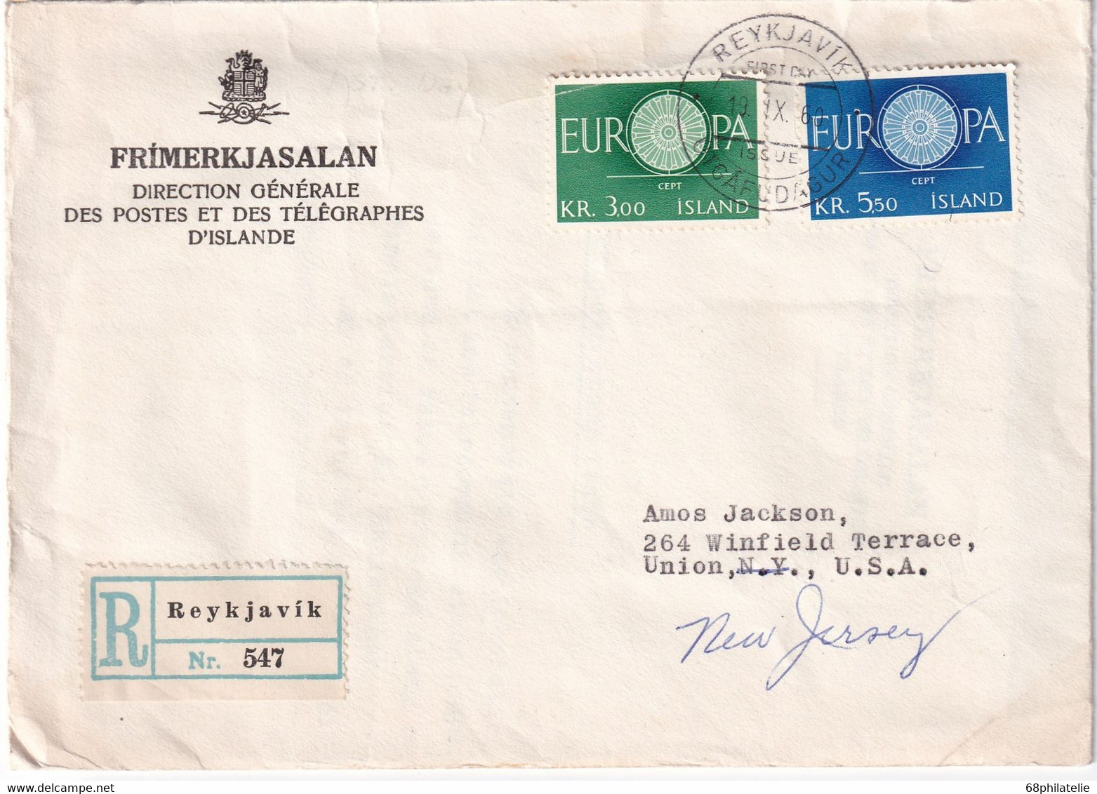 ISLANDE 1960 LETTRE RECOMMANDEE DE REYKJAVIK AVEC CACHET ARRIVEE UNION - Briefe U. Dokumente