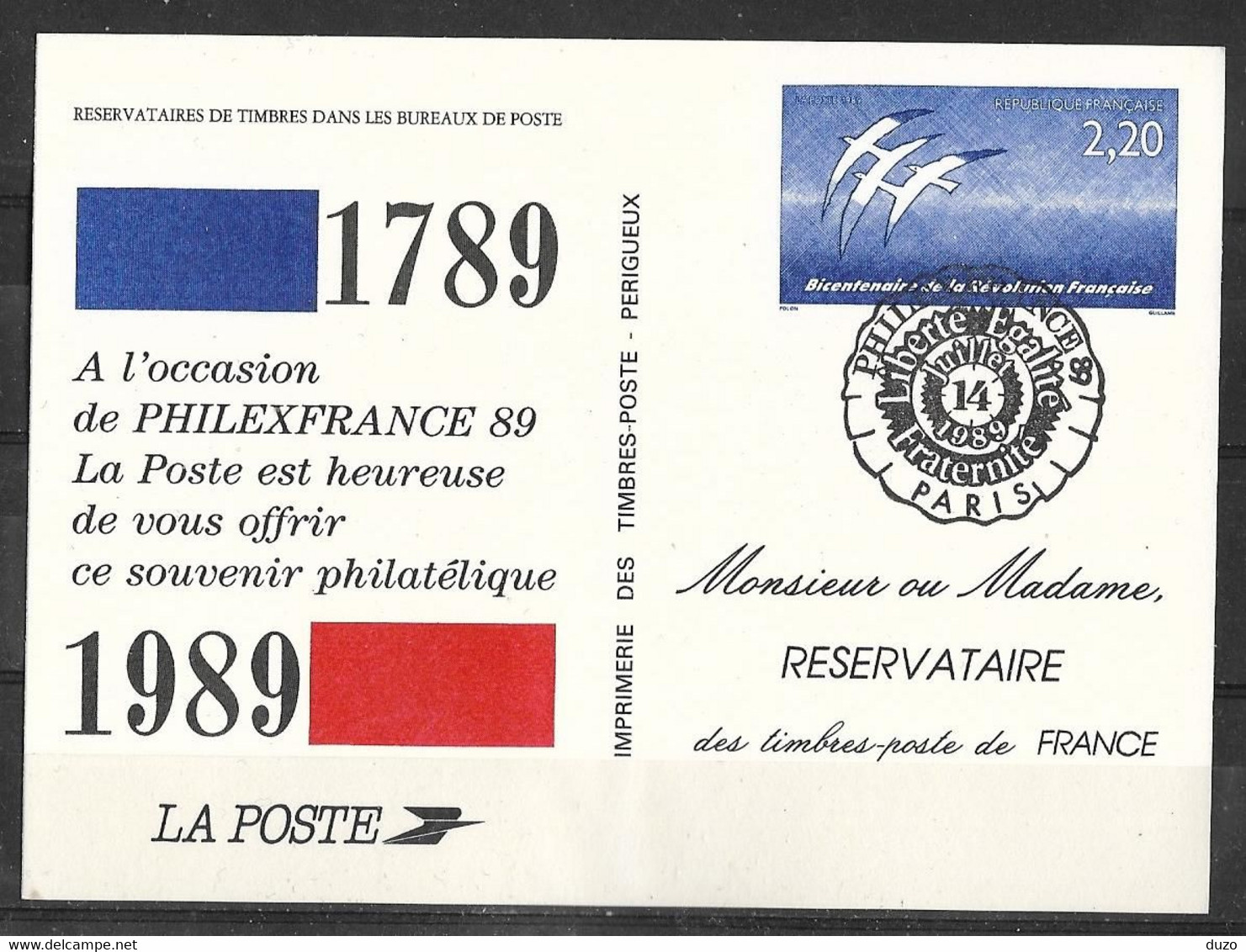 Entier Postaux Philexfrance 89 Bicentenaire De La Revolution 1789/1989 - Pseudo-entiers Privés