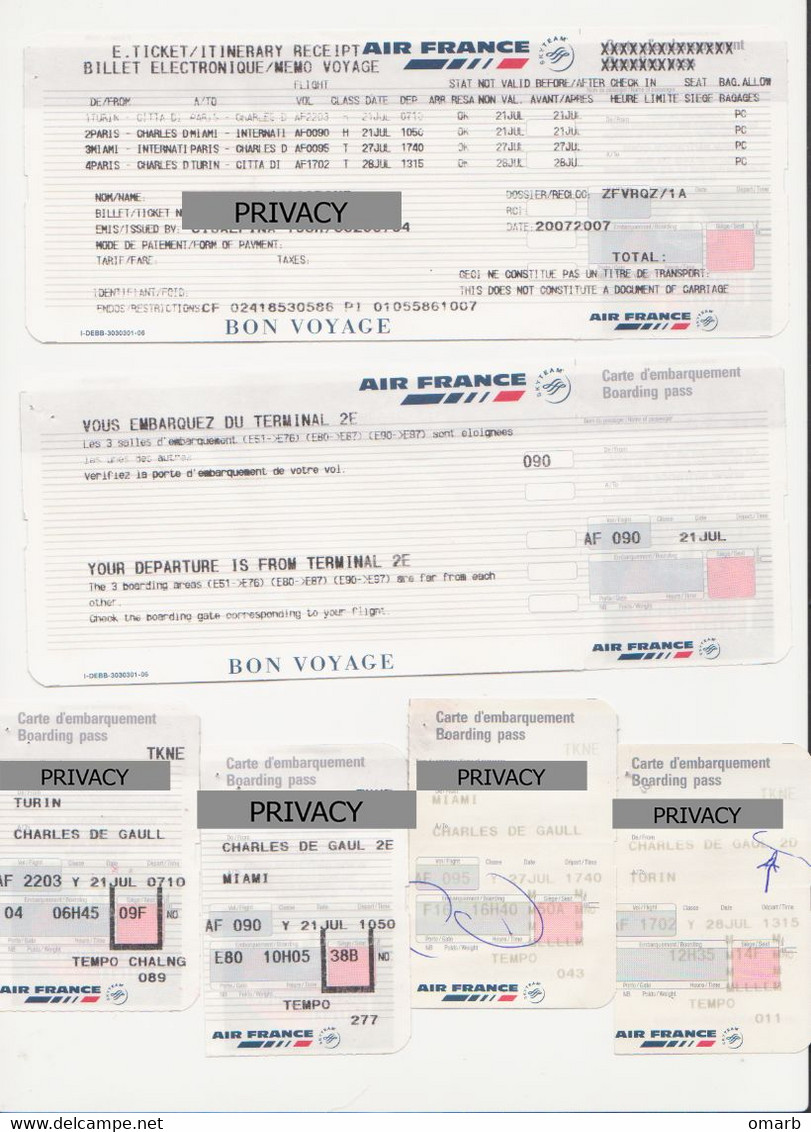 Alt1153 Air France Airways Billets Avion Ticket Biglietto Aereo Carta Imbarco Boarding Pass Turin Paris Miami - Mundo