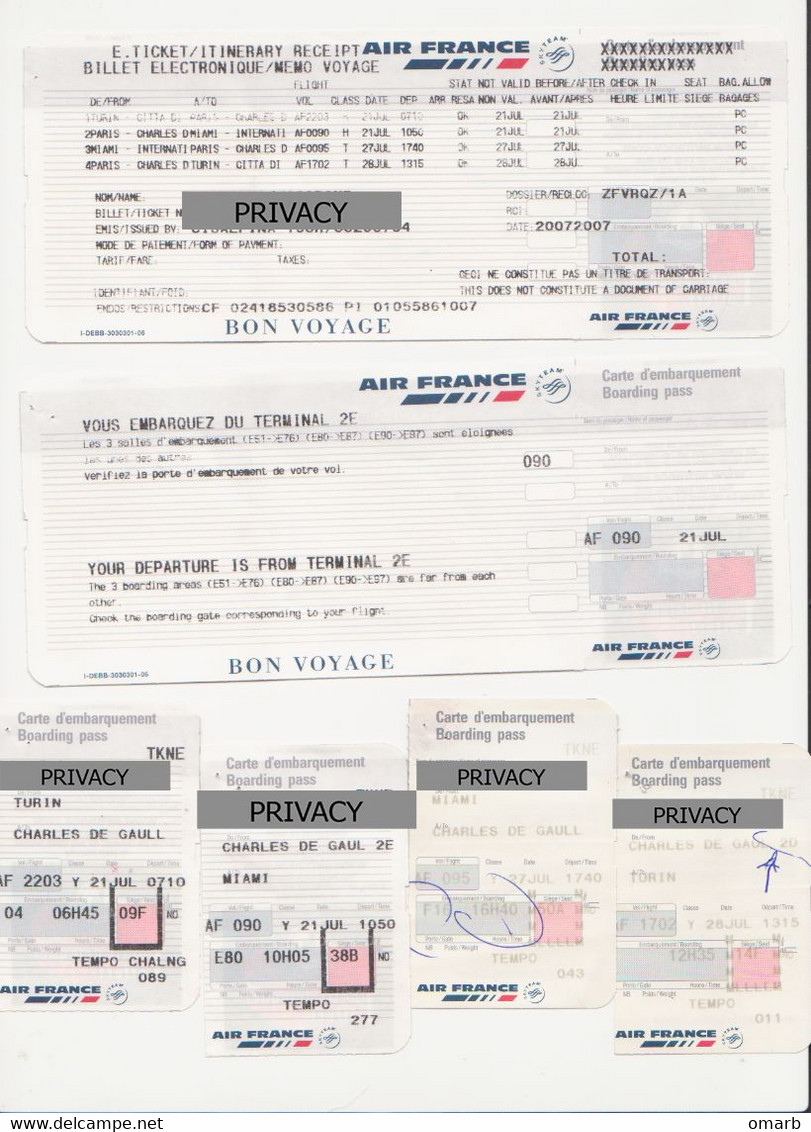 Alt1153 Air France Airways Billets Avion Ticket Biglietto Aereo Carta Imbarco Boarding Pass Turin Paris Miami - World