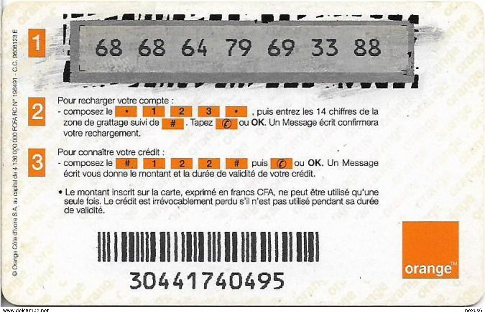 Ivory Coast - Orange - Plain White 2500, GSM Refill 2.500FCFA, Used - Ivory Coast