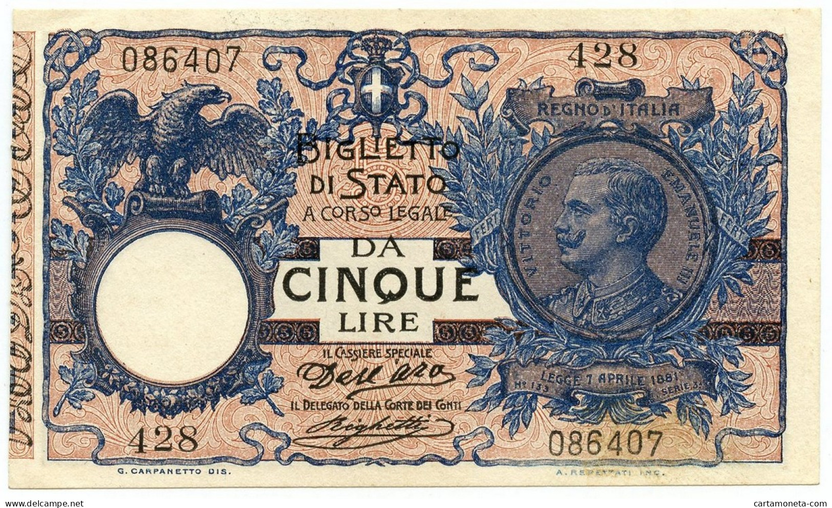 5 LIRE BIGLIETTO DI STATO VITTORIO EMANUELE III FLOREALE 08/11/1904 SUP- - Otros