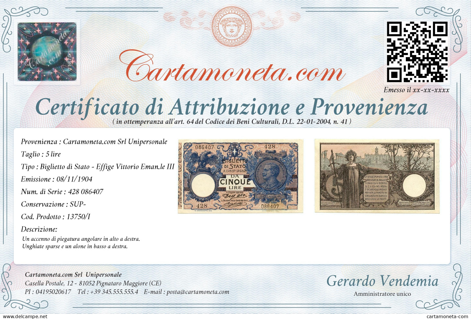 5 LIRE BIGLIETTO DI STATO VITTORIO EMANUELE III FLOREALE 08/11/1904 SUP- - Otros