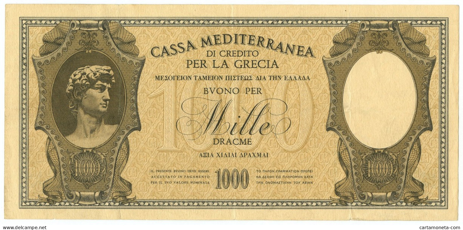 1000 DRACME CASSA MEDITERRANEA DI CREDITO PER LA GRECIA 1941 BB+ - Sonstige & Ohne Zuordnung