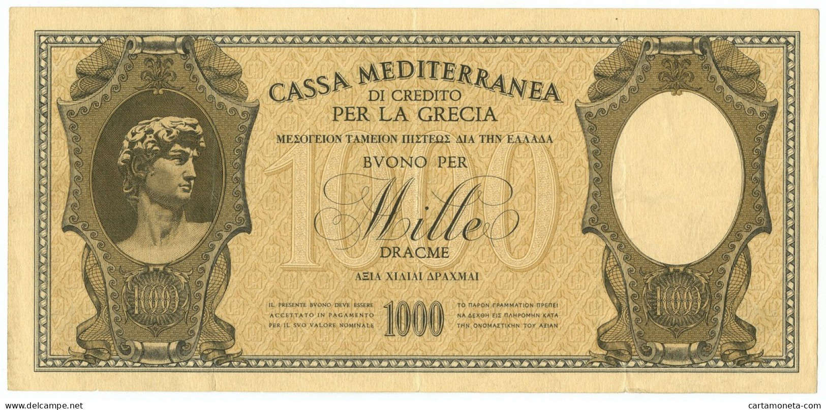 1000 DRACME CASSA MEDITERRANEA DI CREDITO PER LA GRECIA 1941 BB+ - Otros & Sin Clasificación