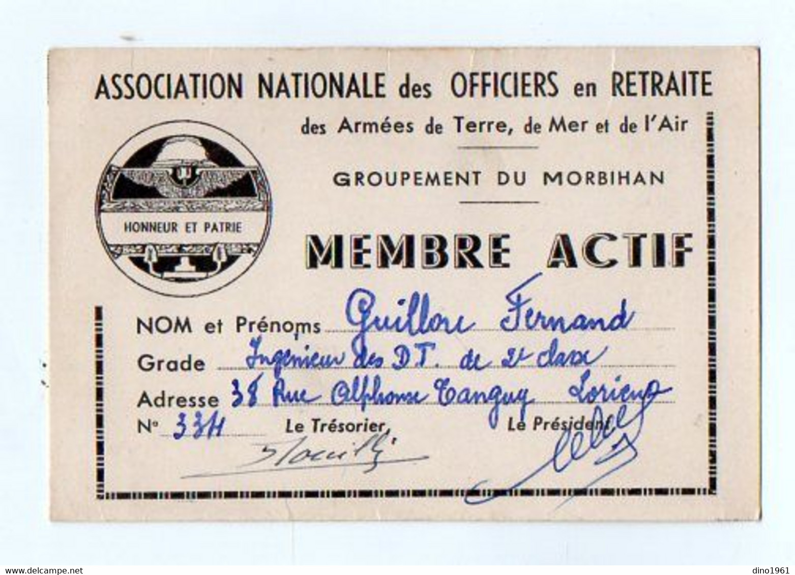 VP18.112 - MILITARIA - LORIENT - Carte De L'Association Nationale Des Officiers En Retraite - Groupement Du Morbihan - Documenti
