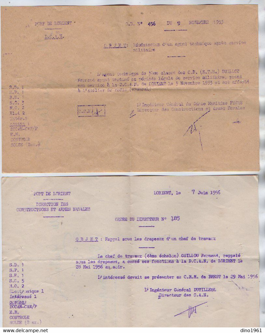 VP18.113 - MILITARIA - Marine Nationale - Port De LORIENT 1953 / 1956 - 2 Documents Concernant Le Matelot GUILLOU - Dokumente