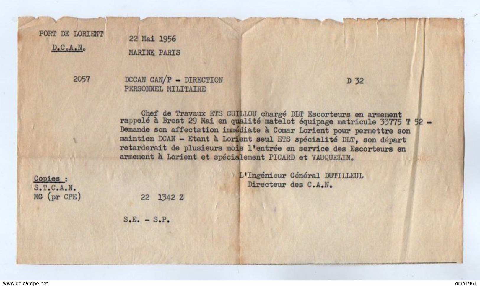 VP18.114 - MILITARIA - Marine Nationale - Port De LORIENT 1956 - Document Concernant Le Matelot GUILLOU - Documentos