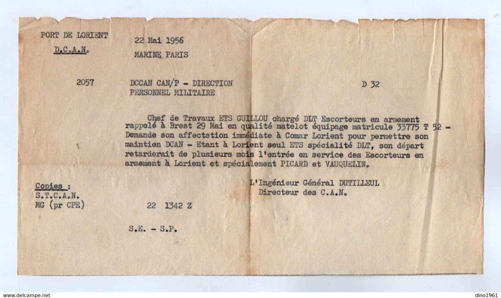 VP18.114 - MILITARIA - Marine Nationale - Port De LORIENT 1956 - Document Concernant Le Matelot GUILLOU - Documenti