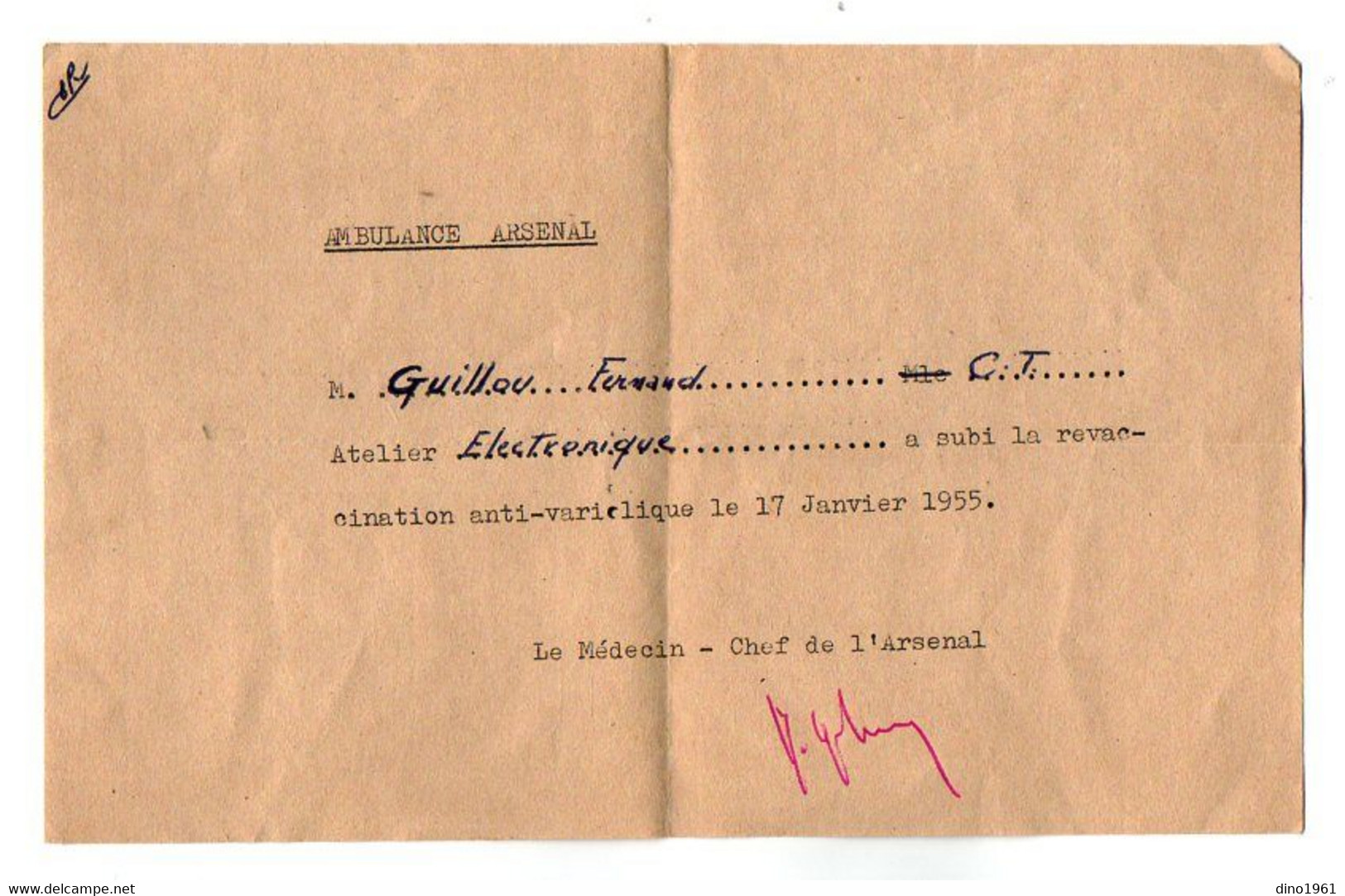 VP18.115 - MILITARIA - Ambulance Arsenal - Document Concernant Le Matelot GUILLOU - Documentos