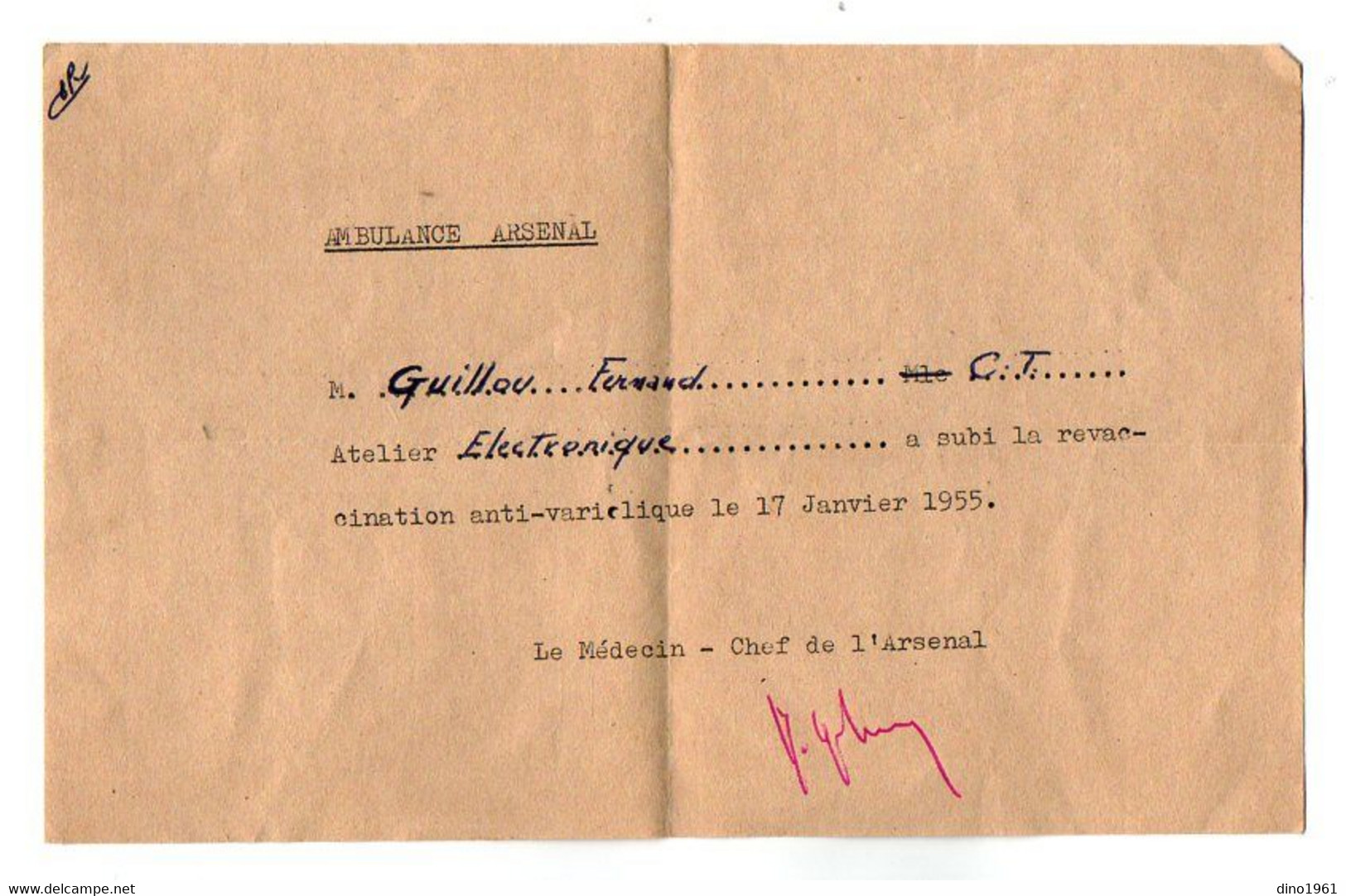 VP18.115 - MILITARIA - Ambulance Arsenal - Document Concernant Le Matelot GUILLOU - Documenti