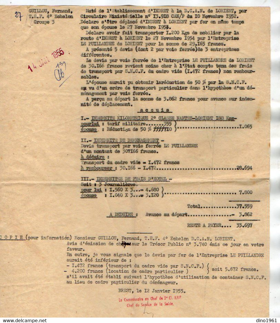 VP18.116 - MILITARIA - Marine Nationale - BREST 1955 - 2 Documents Concernant Le Matelot GUILLOU ( NANTES X LORIENT ) - Documenten