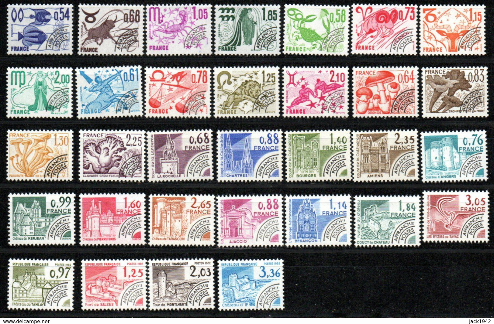 Préoblitéré Yvert N° 146 à 177 ** - Séries Signes Du Zodiaque, Champignons, Monuments Historiques - 32 Valeurs - 1964-1988