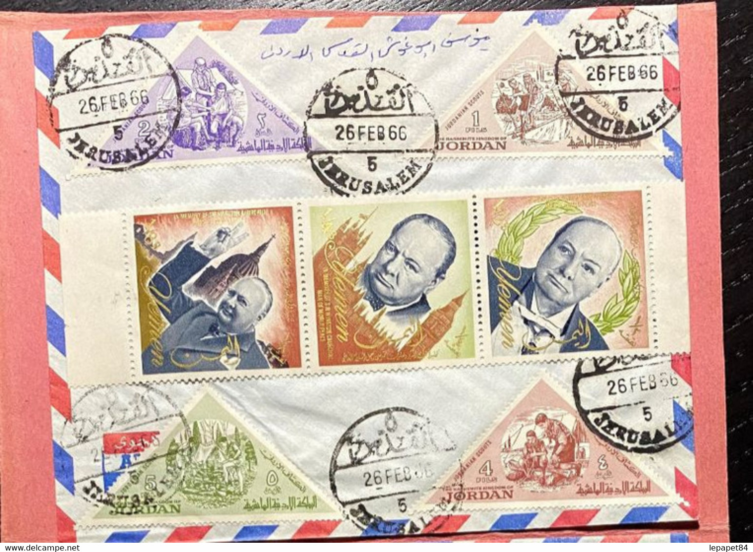 AFR143 Envelope 2 Stamps "jordanina Scouts" And 3 Stamps From Yemen About Churchill, Cancelled 26 Of February 1966 - Jordanië