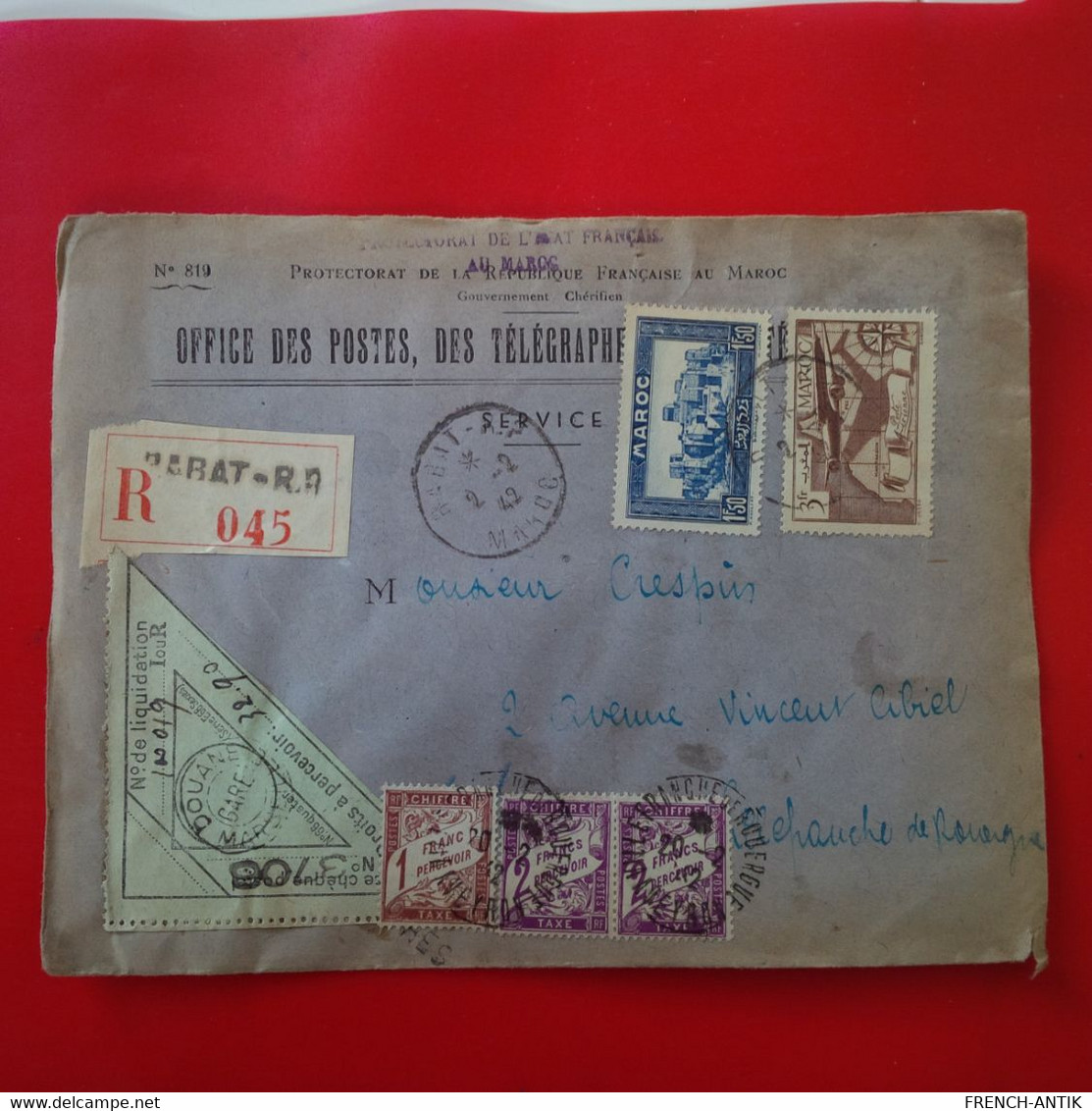 LETTRE MAROC RECOMMANDE RABAT TAXE ENVOI EN FRANCE - Covers & Documents