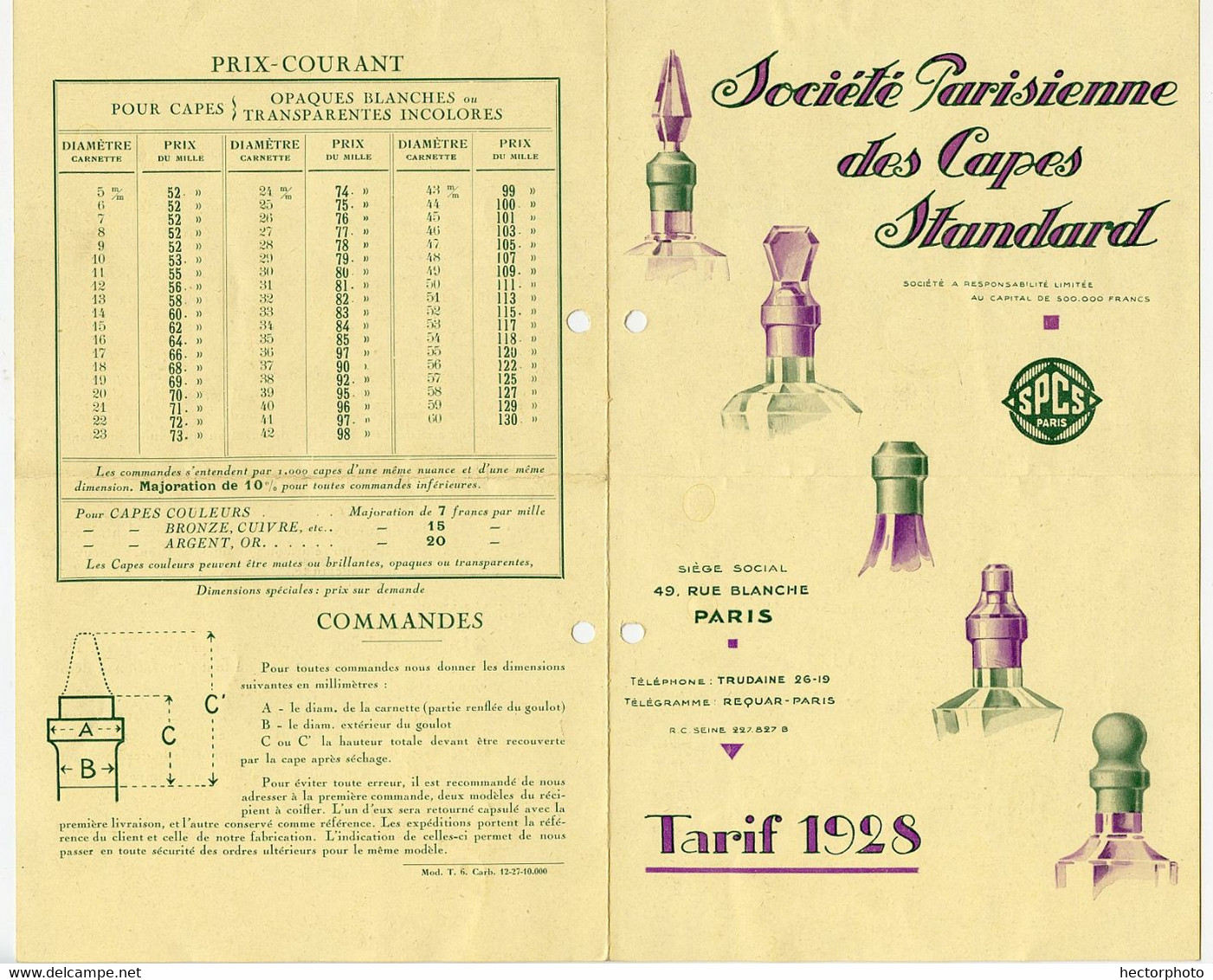 SPCS BOUCHON Bouteille Flacon Société Parisienne De CAPES Standard SPCS RARE Tarif 1928 Fermeture Bottle 20s - Matériel Et Accessoires