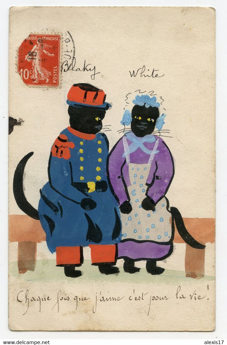 Couple De Chats Noirs. Carte Peinte à La Main. - Chats