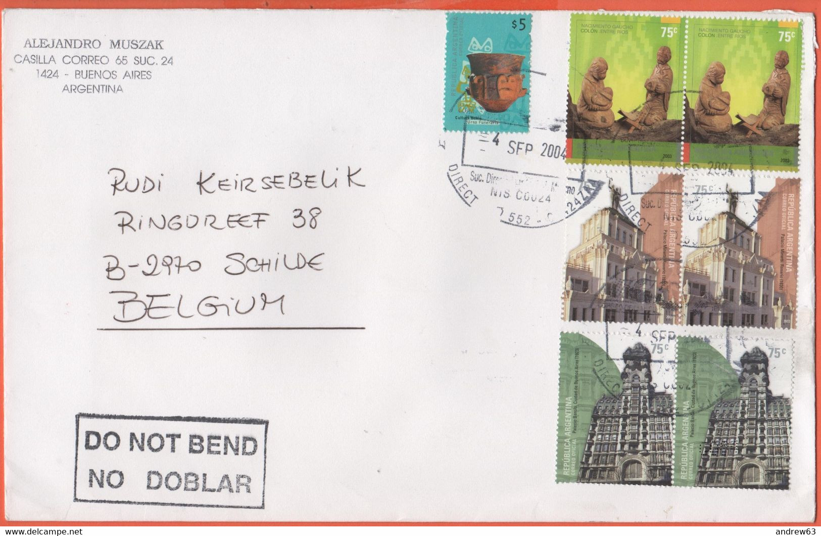 ARGENTINA - 2004 - 7 Stamps - Medium Envelope - Viaggiata Da Buenos Aires Per Schilde, Belgium - Brieven En Documenten
