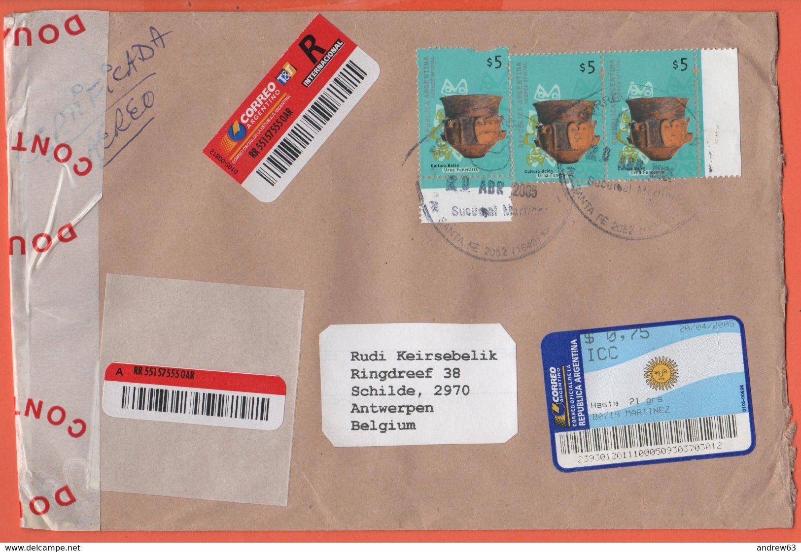 ARGENTINA - 2005 - 3 Stamps + 0,75 Postage Paid - Registered - Medium Envelope - Viaggiata Da Martinez Per Schilde, Belg - Covers & Documents