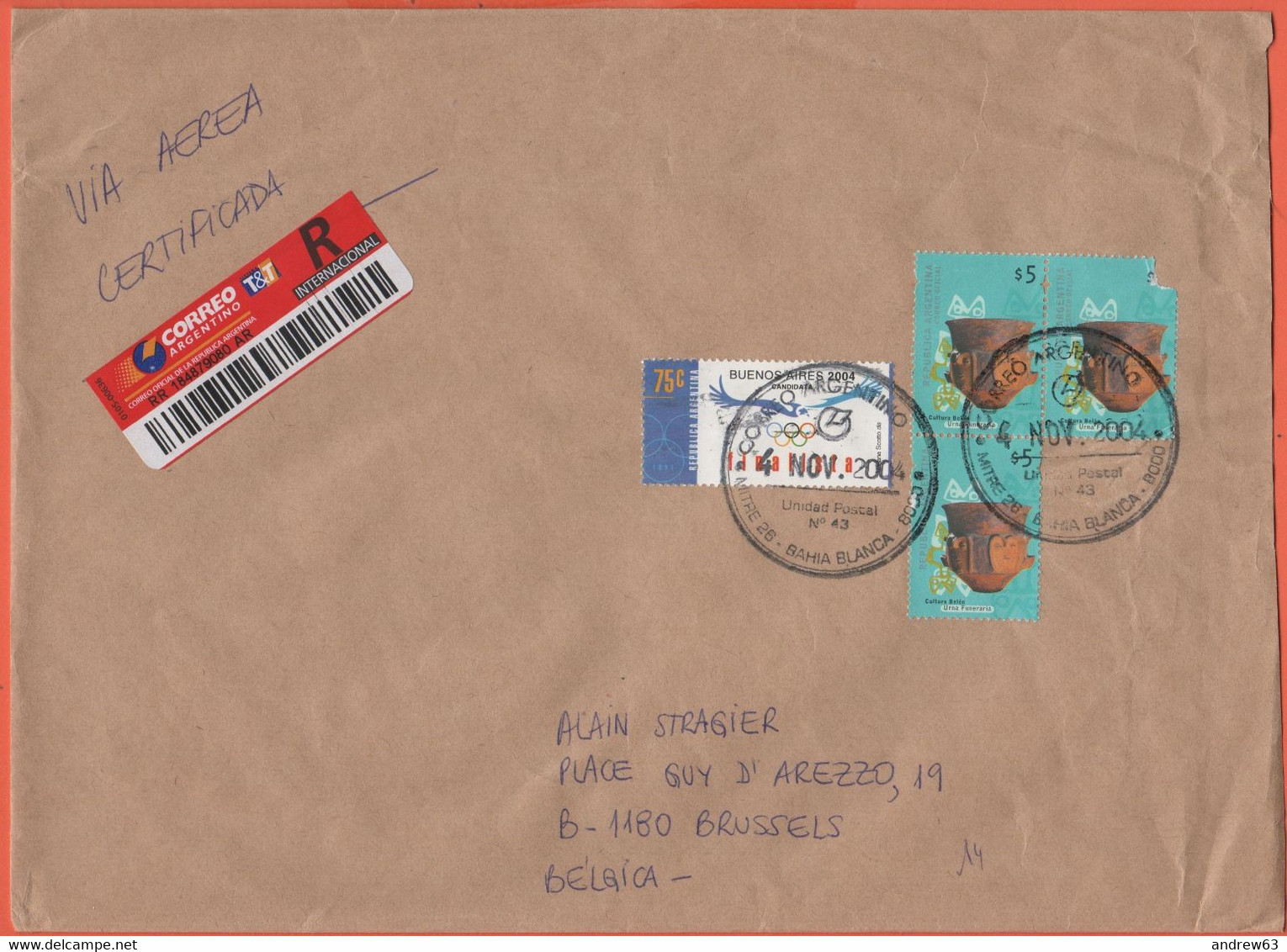 ARGENTINA - 2004 - 4 Stamps - Registered - Medium Envelope - Viaggiata Da Bahia Blanca Per Bruxelles, Belgium - Brieven En Documenten