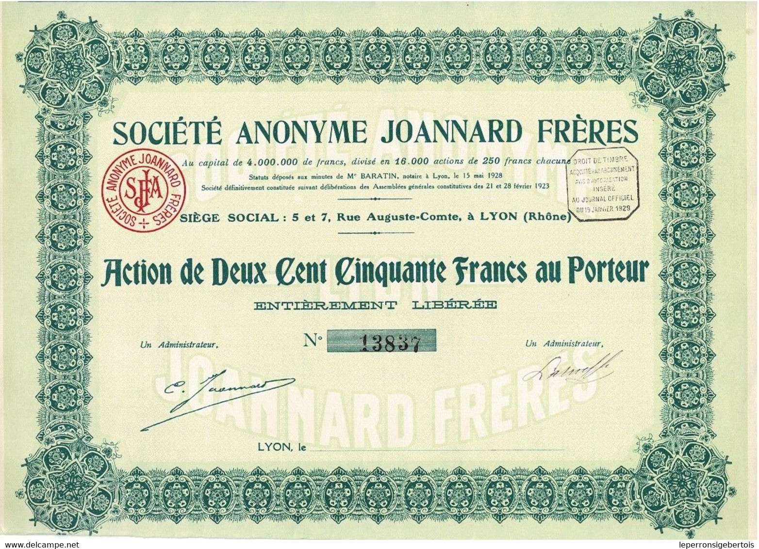 Titre Ancien -  Société Anonyme Joannard Frères - Titre De 1928 - N°13837 - - Textile