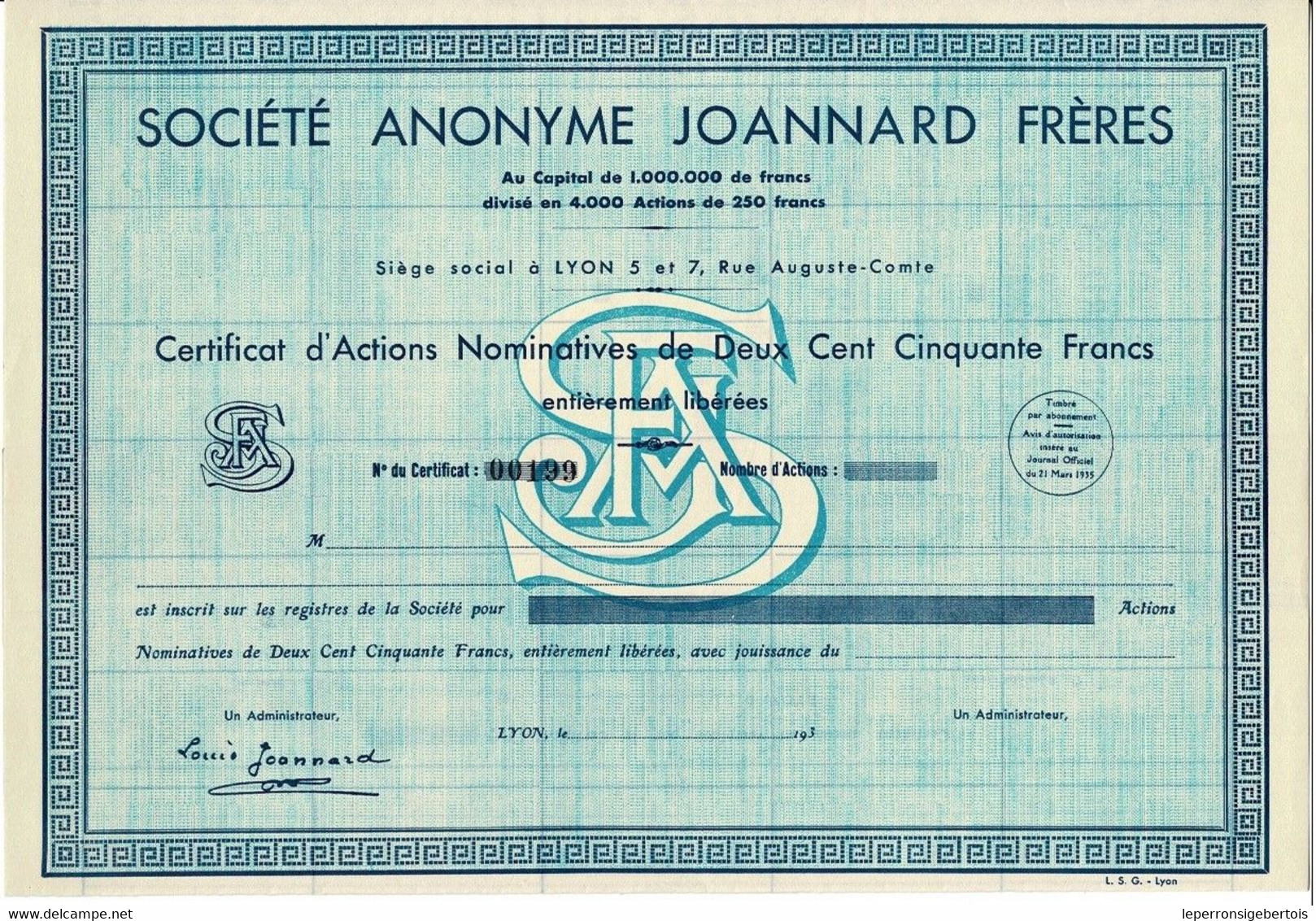 Titre Ancien -  Société Anonyme Joannard Frères - Titre De 1935 - Blanco- - Textile