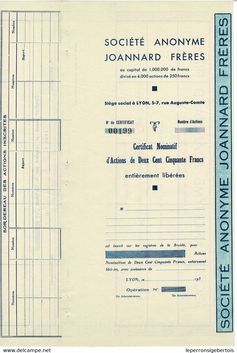 Titre Ancien -  Société Anonyme Joannard Frères - Titre De 1935 - Blanco- - Textile