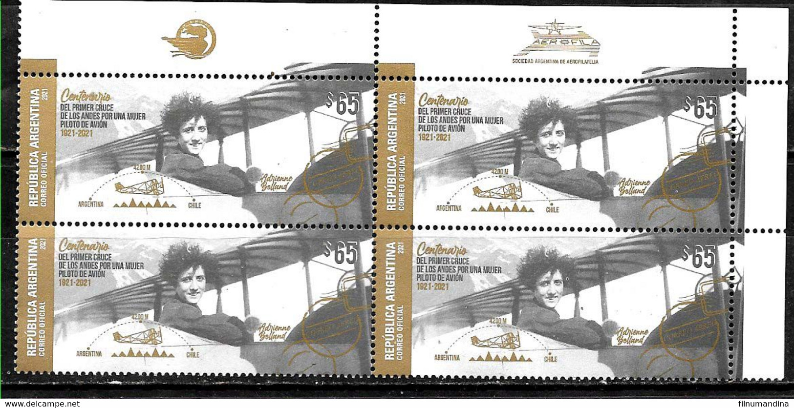 #10002 ARGENTINE,ARGENTINA 2021 AVIATION 100° ANIV.FIRST WOMEN PILOT FRENCH BOLLAND CROSSING ANDES CUADRE BLOC NEUF,MNH, - Ungebraucht