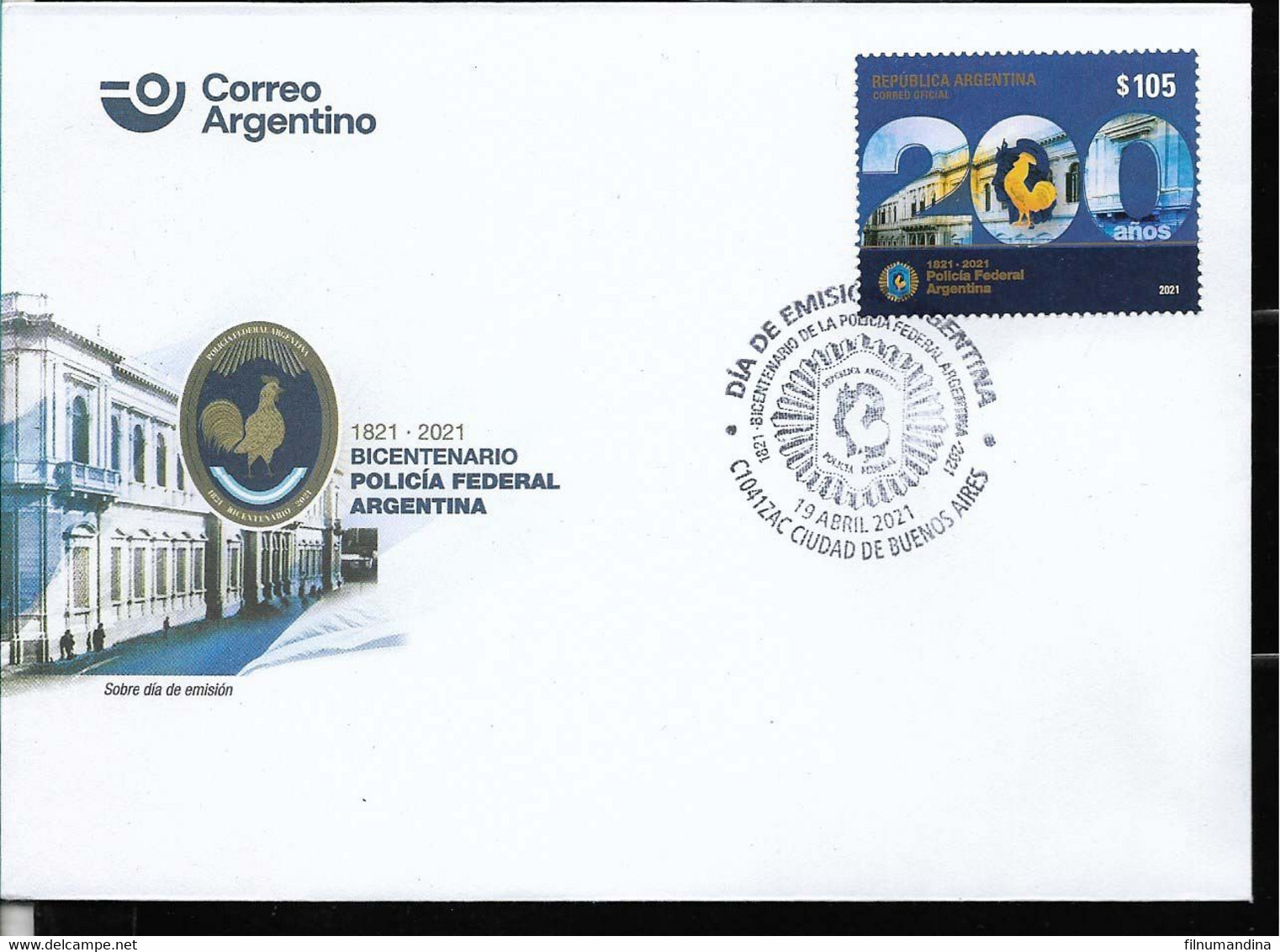 #10008 ARGENTINE,ARGENTINA 2021 MILITARIA POLICE BICENTENARY,COAT,FDC,PREMIER JOUR ERSTTAGBRIEF - Ongebruikt