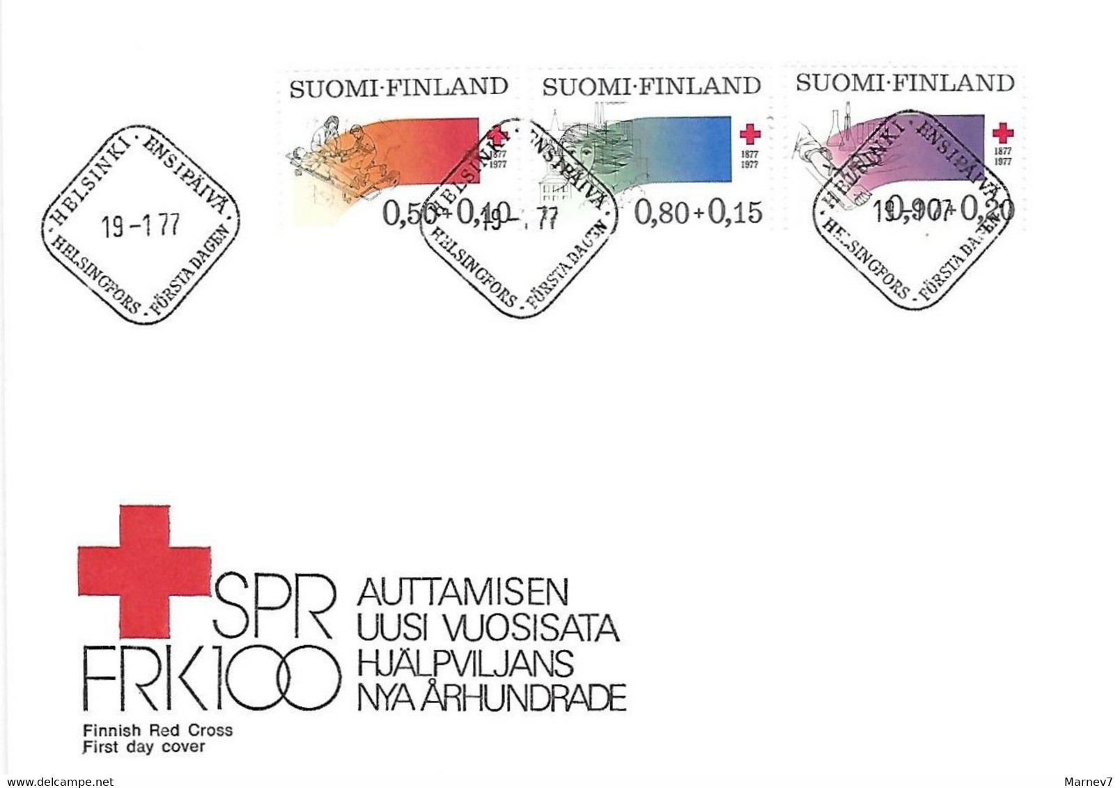 Finlande Suomi N° 763/765 - Enveloppe 1er Jour Don Du Sang Centenaire Croix Rouge - Cad Helsinki 19 1 77 - Année 1977 - Cartas & Documentos