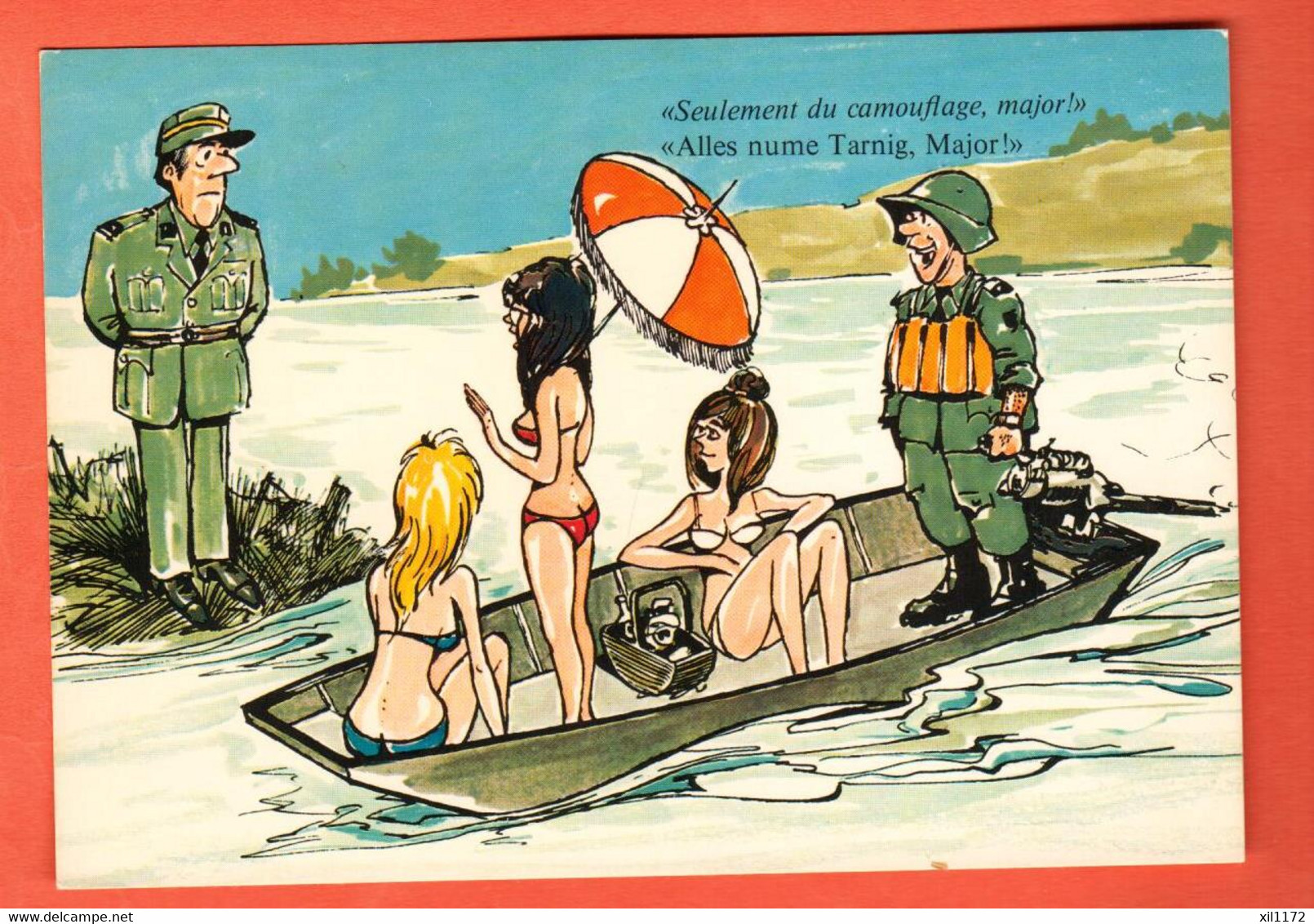 CHE-31a Humour Militaire Suisse Seulement Du Camouflage, Major, Femmes Déshabillées.  Cachet Brugg 1981 Photoglob 696 - Brugg