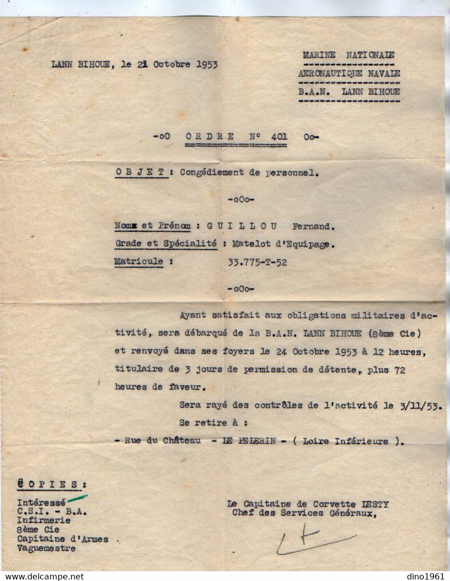 VP18.118 - MILITARIA - Marine Nationale - LORIENT X LE PELLERIN 1953  - Ordre - Document Concernant Le Matelot GUILLOU - Documenti