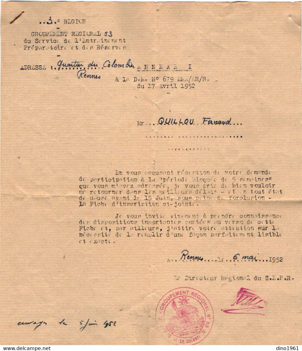 VP18.119 - MILITARIA - Marine Nationale - RENNES 1952 - Document Concernant Le Matelot GUILLOU - Documenten