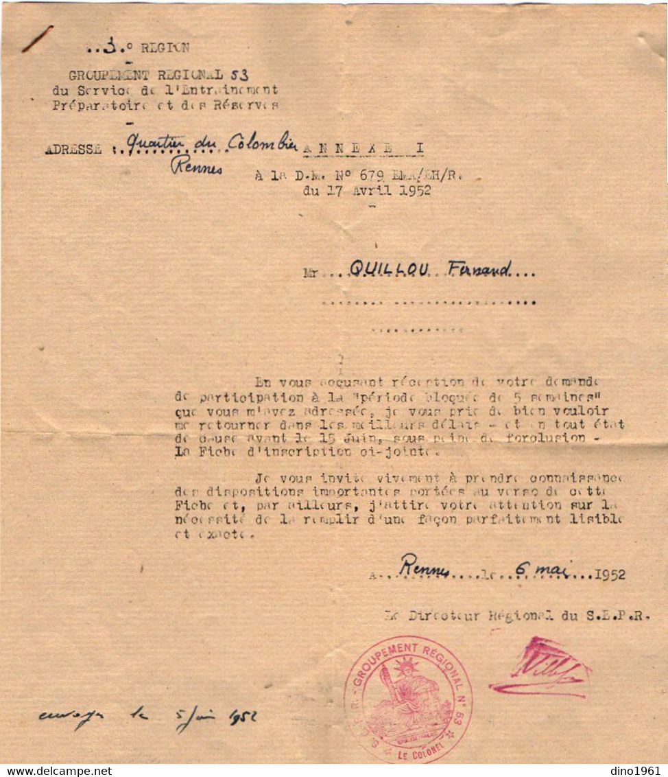 VP18.119 - MILITARIA - Marine Nationale - RENNES 1952 - Document Concernant Le Matelot GUILLOU - Documenti