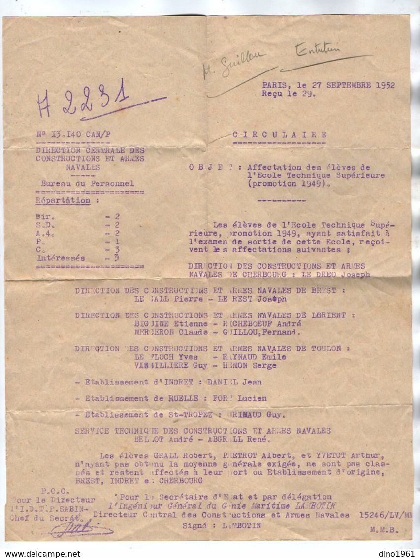 VP18.120 - MILITARIA - Marine Nationale - PARIS X LORIENT 1952 - Document Concernant Le Matelot F. GUILLOU Et Autres - Documents