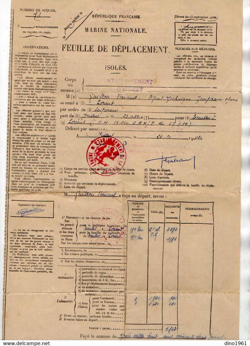 VP18.121 - MILITARIA - Marine Nationale - BREST X LORIENT 1952 - Document Concernant Le Matelot Fernand GUILLOU - Documents