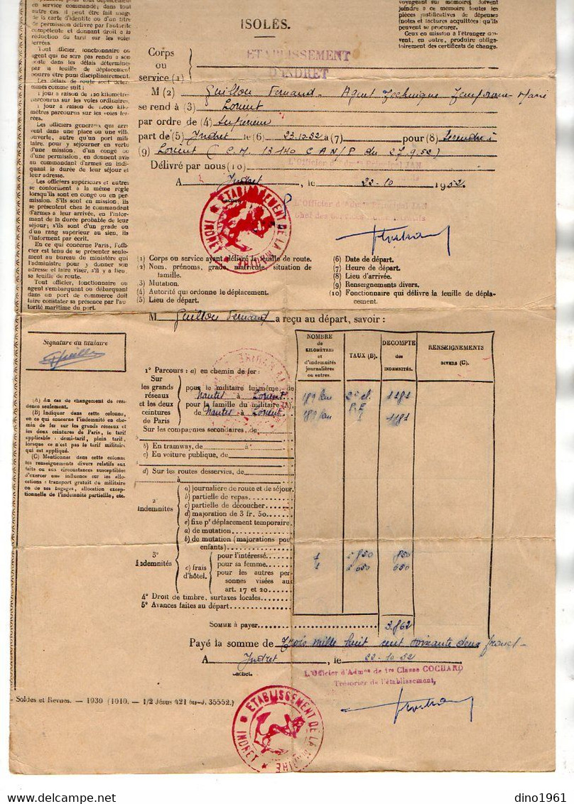 VP18.121 - MILITARIA - Marine Nationale - BREST X LORIENT 1952 - Document Concernant Le Matelot Fernand GUILLOU - Documentos