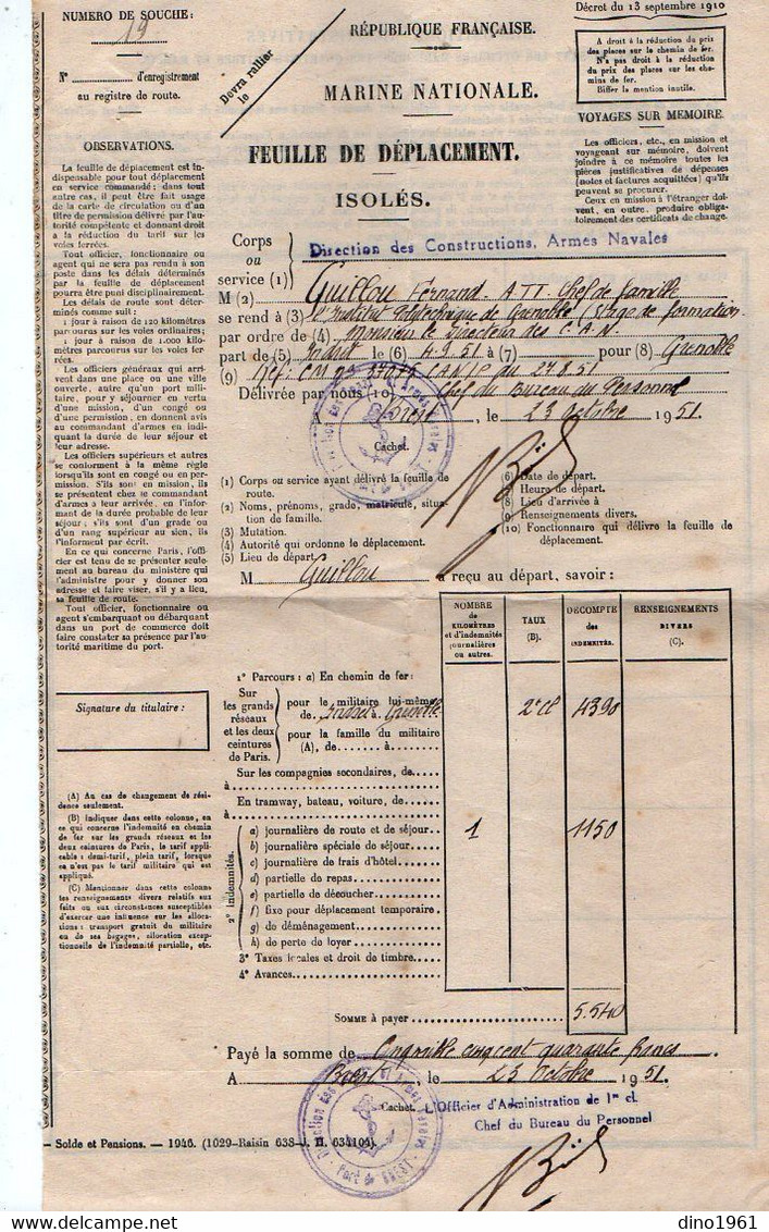 VP18.122 - MILITARIA - Marine Nationale - BREST X GRENOBLE 1951 - Document Concernant Le Matelot Fernand GUILLOU - Documenten