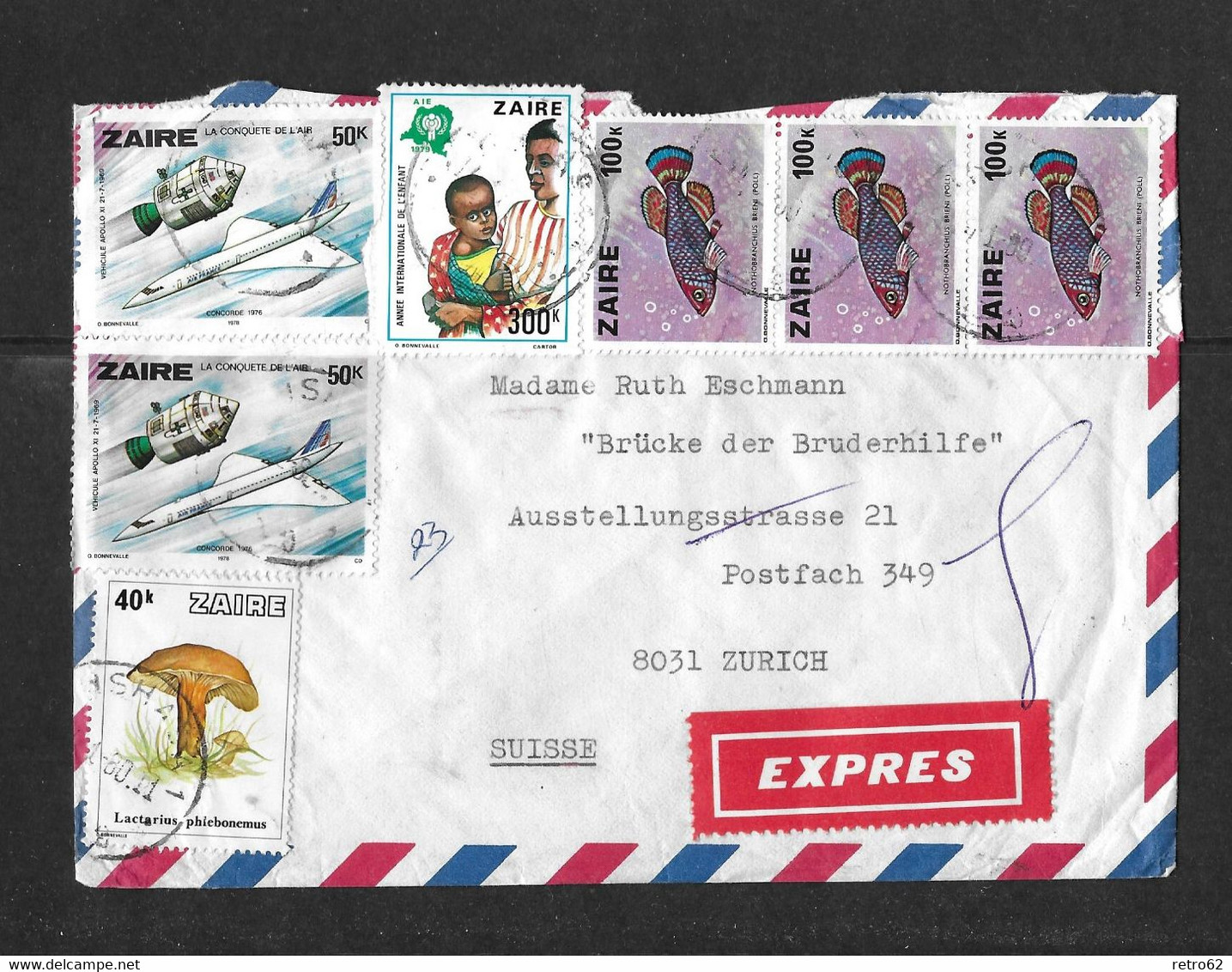 1980 Cover From Kinshasa To Zürich Switzerland    ►EXPRESS◄ - Lettres