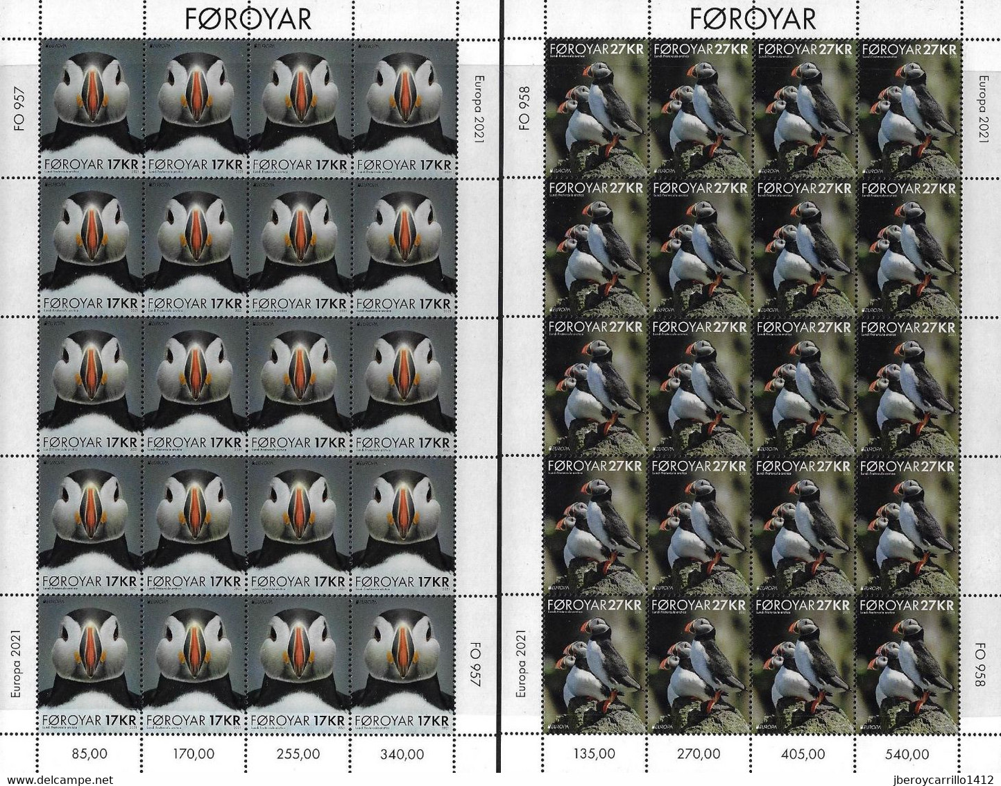 FEROE ISLANDS /FAROE / FÄRÖER /FØROYAR  -EUROPA 2021 -ENDANGERED NATIONAL WILDLIFE"-  TWO SHEETS Of 20 STAMPS MINT - 2021