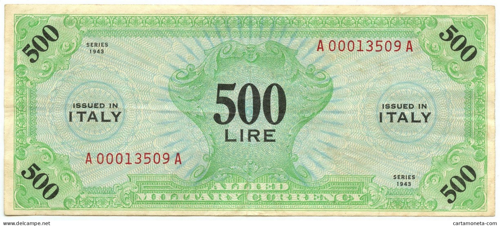 500 LIRE OCCUPAZIONE AMERICANA IN ITALIA MONOLINGUA BEP 1943 BB+ - Allied Occupation WWII